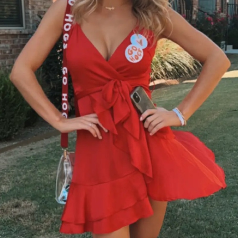 Selfie Leslie Vibrant Red Ruffled Tie Front Sundress